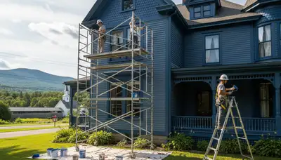 Painter working on a home exterior in Burlington, VT, for professional painting services
